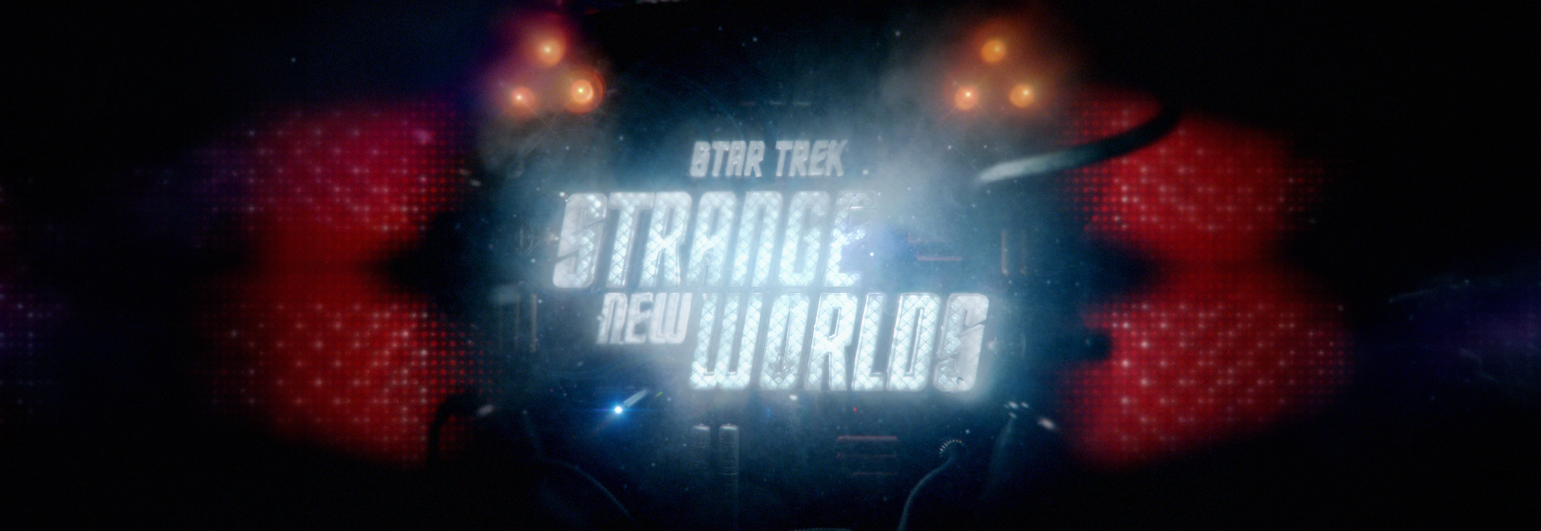A wet red-and-blue engine environment surrounds the fixed Star Trek: Strange New Worlds title.