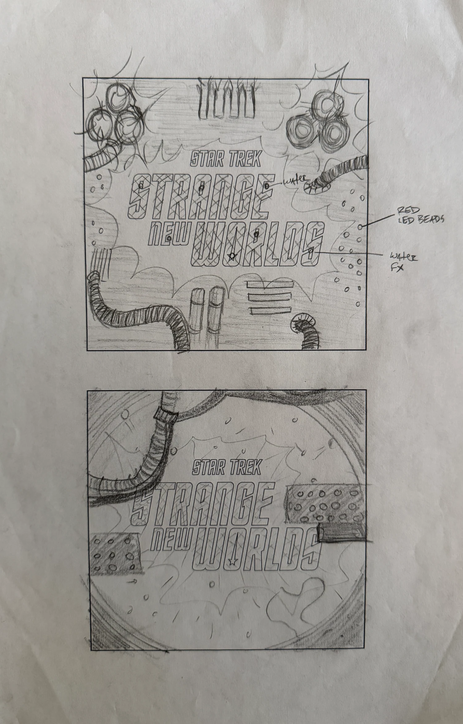 Upper pencil storyboard panel for the miniature engine world.